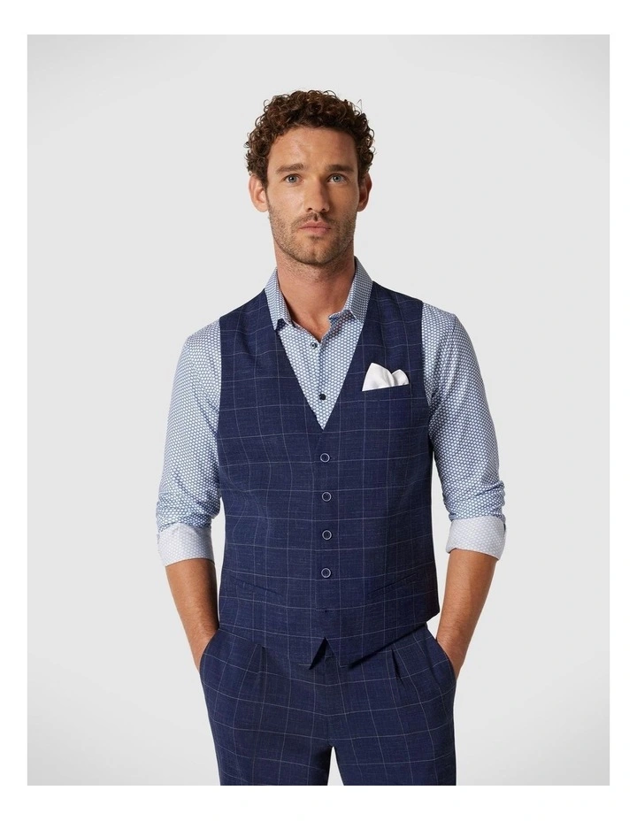 5 Button Check Tailored Vest in Navy Windowpane