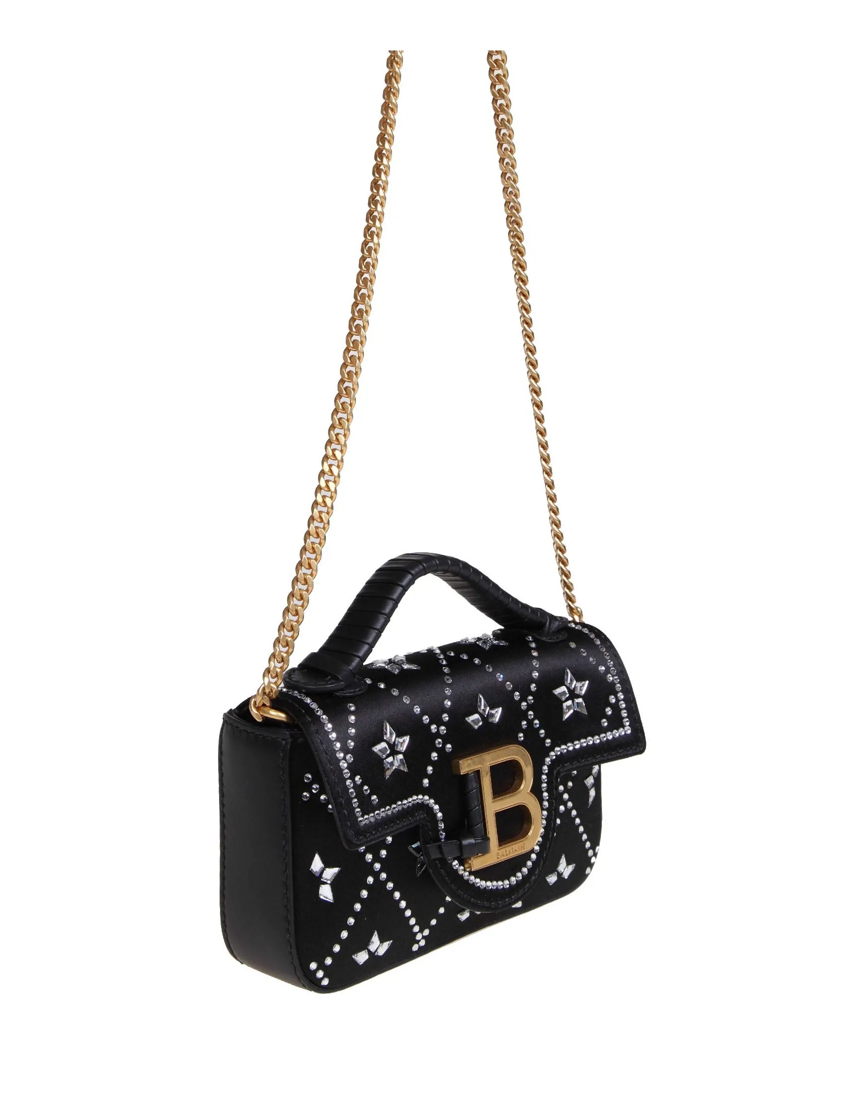 BALMAIN BUZZ MINI BAG IN SATIN AND LEATHER WITH APPLIED STONES