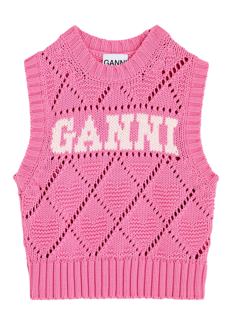 GANNI Logo-intarsia cotton-blend vest  -                         -                     -                