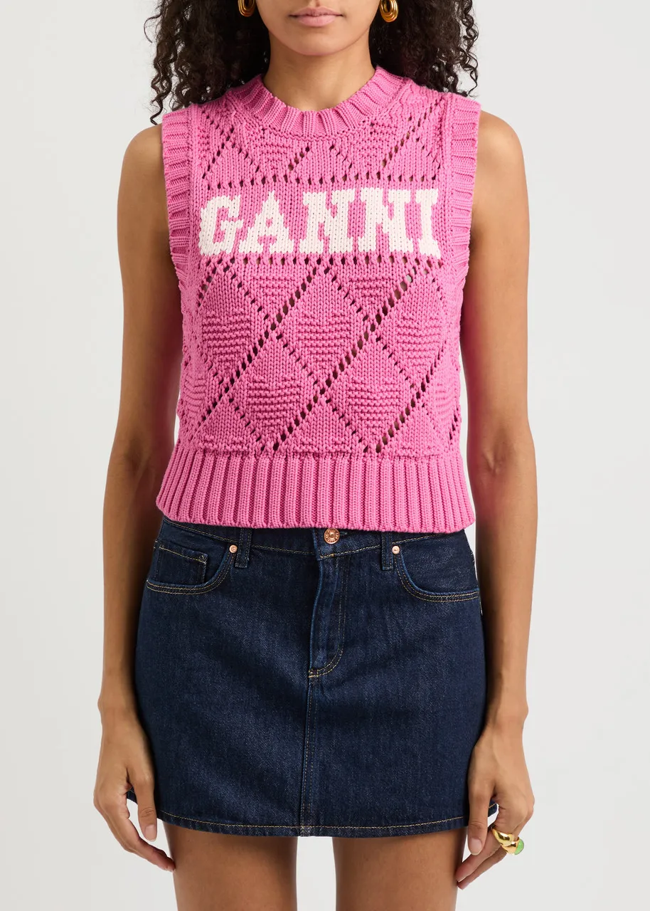 GANNI Logo-intarsia cotton-blend vest  -                         -                     -                