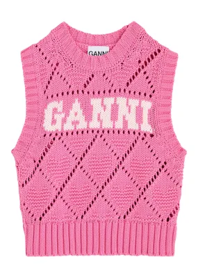 GANNI Logo-intarsia cotton-blend vest  -                         -                     -                