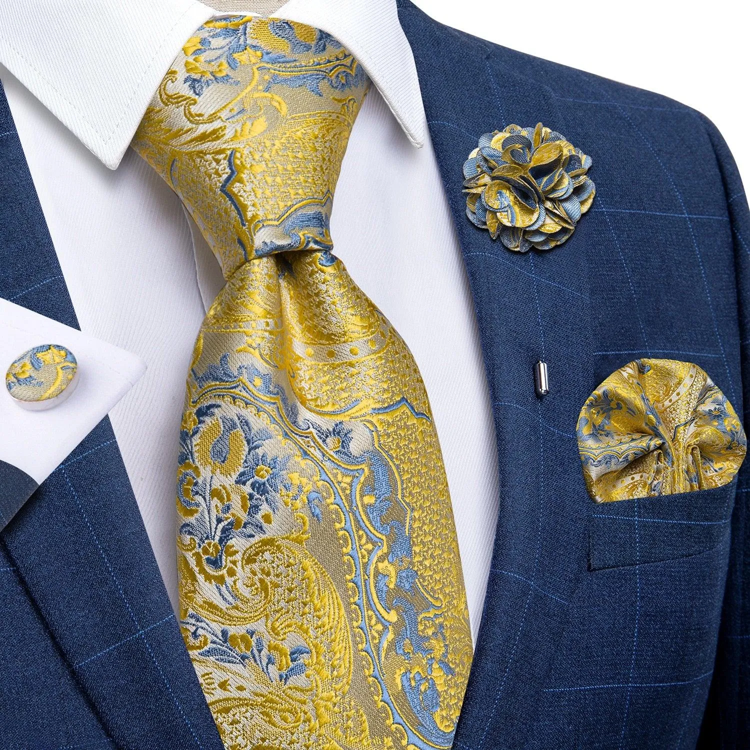 Gold Blue Paisley Necktie Set