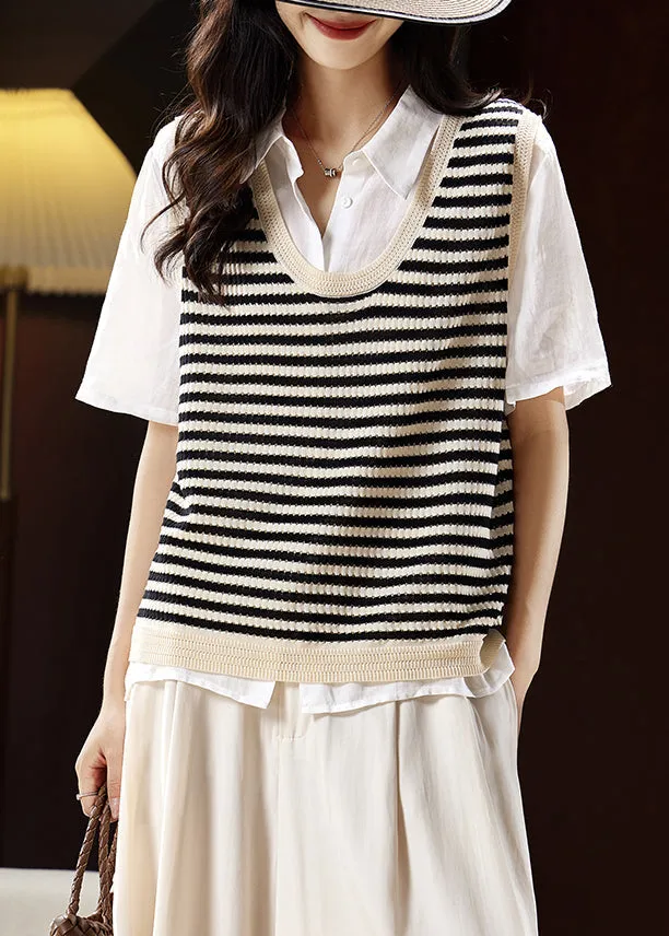 Handmade Beige V Neck Striped Knit Vest Summer