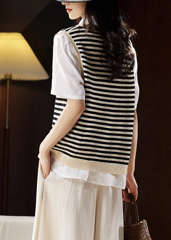 Handmade Beige V Neck Striped Knit Vest Summer