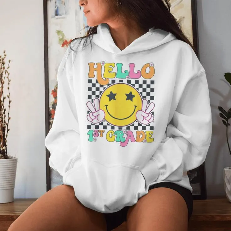 Hello 1St Grade Teachers Girls Back To School Smile Face Women Hoodie