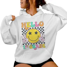 Hello 1St Grade Teachers Girls Back To School Smile Face Women Hoodie