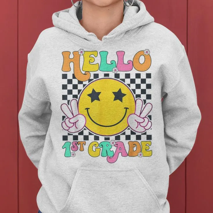 Hello 1St Grade Teachers Girls Back To School Smile Face Women Hoodie