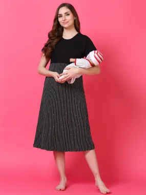 Hosiery Cotton Maternity Nighty Black Stripes