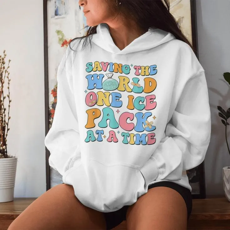 Saving The World One Ice Pack At Time Retro School Nurse Women Hoodie