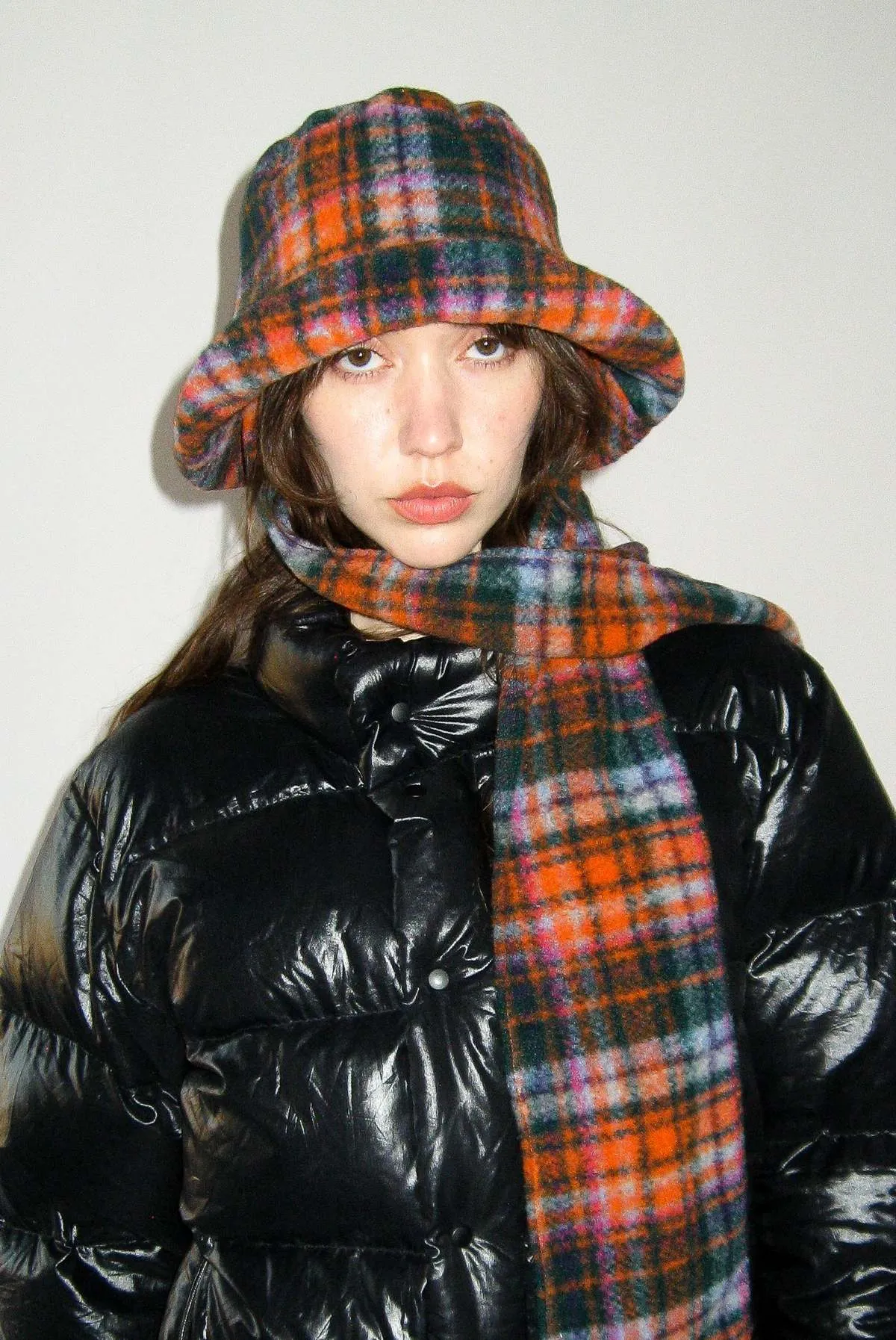 Scarved Bucket Hat in Hot Plaid