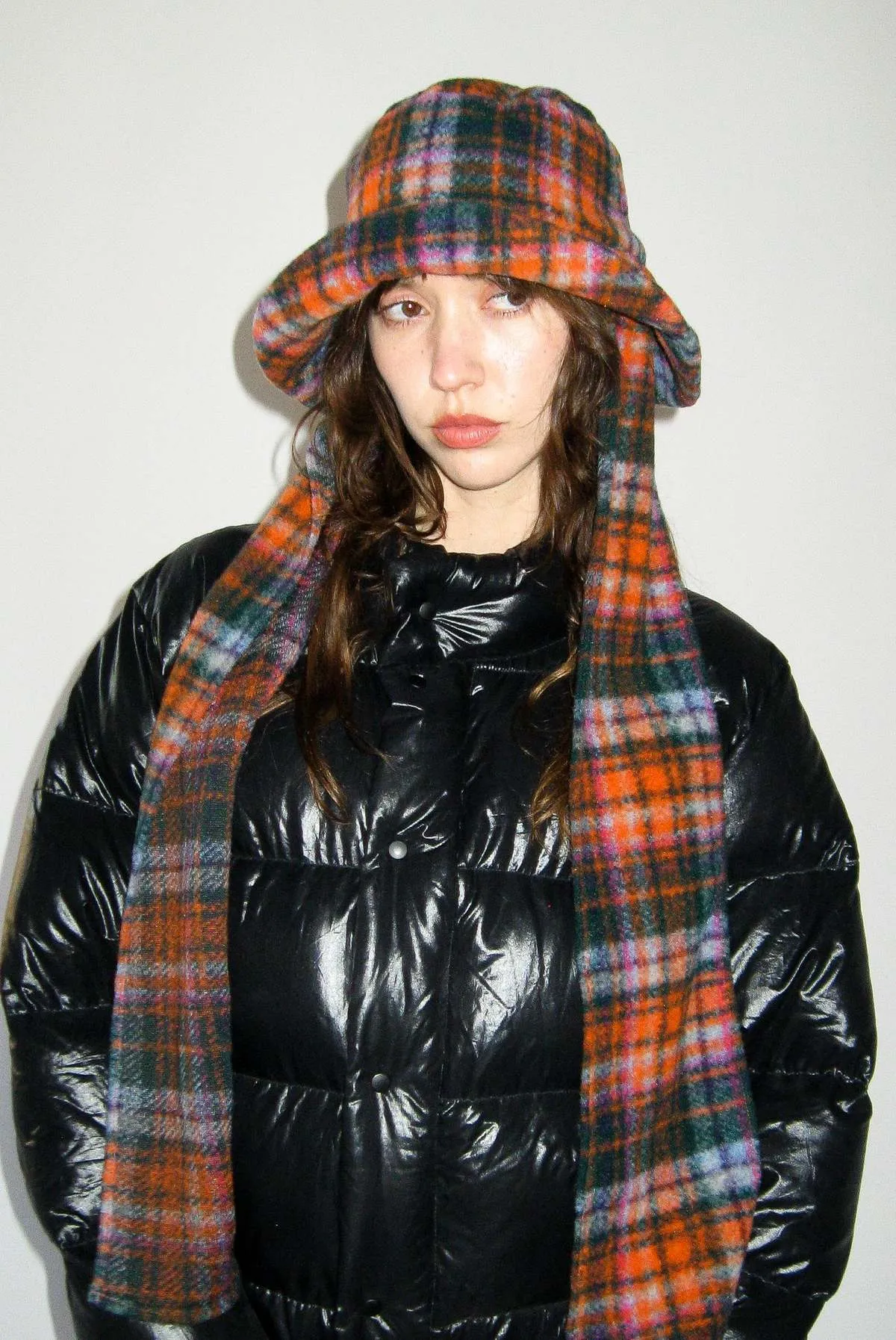 Scarved Bucket Hat in Hot Plaid